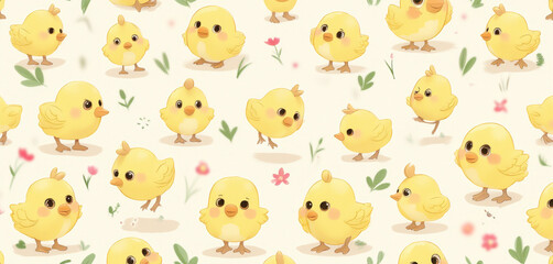  Seamless pattern of yellow chicks and leaves on a pastel background