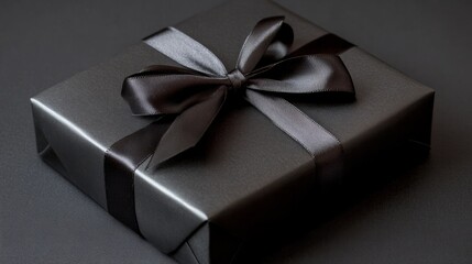 black gift box with black vibrant ribbon against dark background