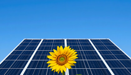 Close-up of a sunflower in front of solar panels against a clear blue sky