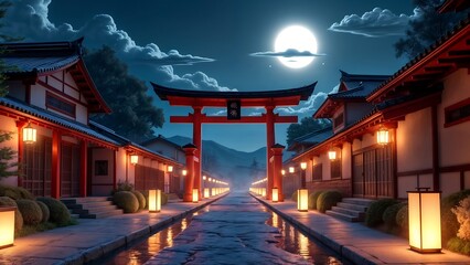 Tranquil Japanese street at night, illuminated by lanterns, with a traditional torii gate