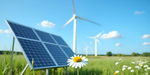 Close-up of a daisy in a green field near solar panels and wind turbines under a bright blue sky