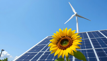 Close-up of a sunflower in front of solar panels and a wind turbine against a bright blue sky