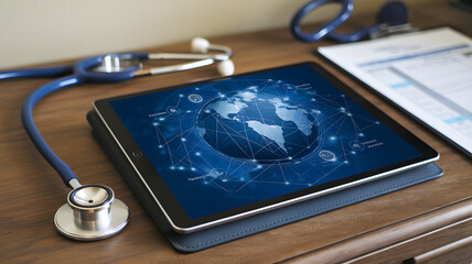 A modern tablet displaying a digital global health network with a stethoscope on a wooden desk