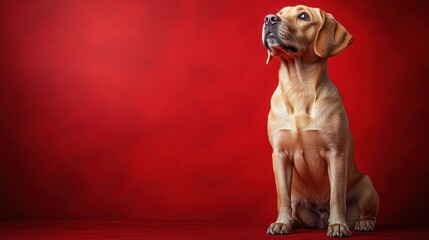 Golden Retriever on Red Background: A heartwarming image of a golden retriever sitting against a vibrant red backdrop, head tilted in a posture of curiosity and anticipation.