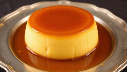 Bourbon caramel flan, featuring a caramelized bourbon syrup mixed into the flan for a touch of warmth on vintage plate