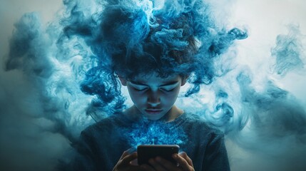 A teenager using a mental health app to manage their stress levels, representing the increasing role of digital tools in mental health care. Concept of digital mental health.