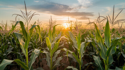 Fototapeta premium Golden sunlight casts a warm glow over a lush cornfield at sunset near a rural landscape