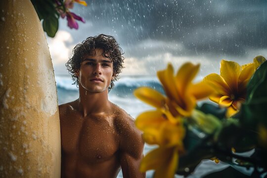 Handsome surfer on the ocean shore