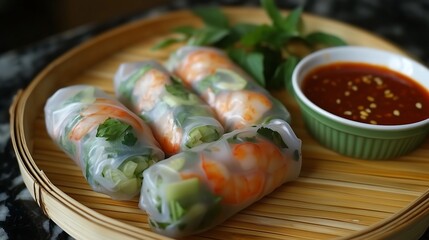 Traditional Vietnamese food spring rolls prawns shrimps vegetables thai sweet chili sauce on bamboo tray plate, appetizer, side dish, herbs
