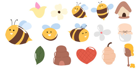 set of bee animal kawaii isolated on white background. bee decoration