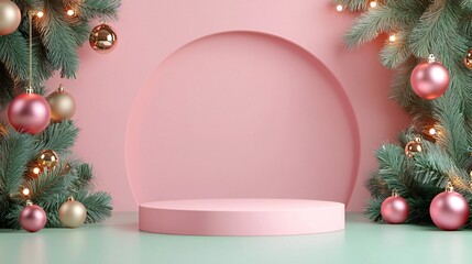 Pink Christmas Product Display Podium with Ornaments