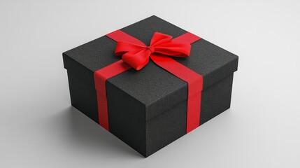 black gift box with red ribbon against white background