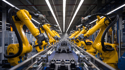 Fototapeta premium Advanced robotic arms operating on an assembly line in a modern manufacturing facility during daytime