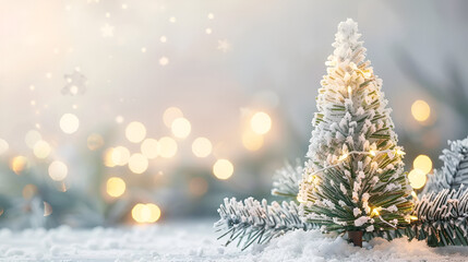 Obraz premium Christmas background Xmas tree with snow decorated with garland lights holiday festive background
