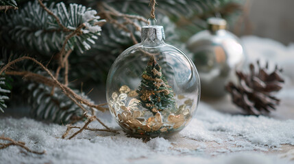 Christmas glass ball with tree in it on winter background  