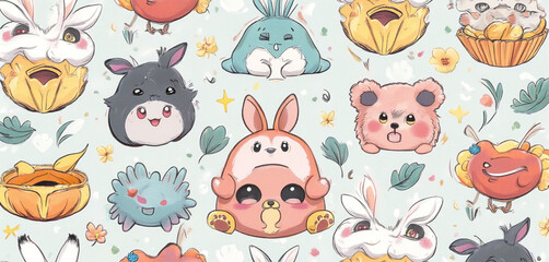 Obraz premium Seamless pattern of cartoon animals and flowers on a light pastel background
