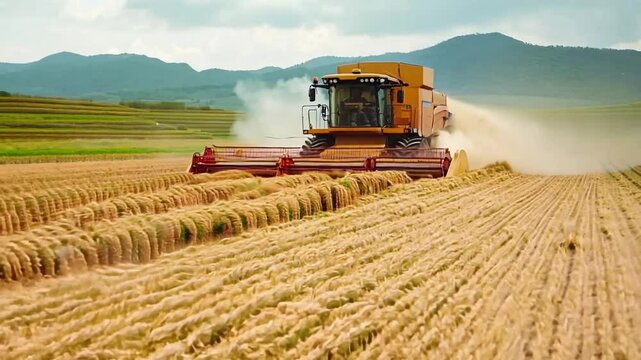 A modern approach to rice harvesting using a combine harvester in action cutting and harvesting rice on a large plantation, demonstrating efficiency and manufacturability.