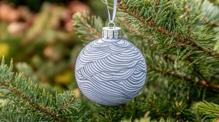 Silver patterned Christmas ball hanging on evergreen tree