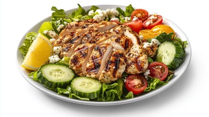 Grilled Chicken Salad on White Plate: Fresh Mixed Greens, Tomatoes, and Cucumbers with Lemon Wedge and Feta. Clean Composition and Studio Lighting. Commercial Photography.