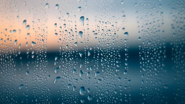 Raindrops on a windowpane reflecting a beautiful sunset over the horizon in a tranquil setting