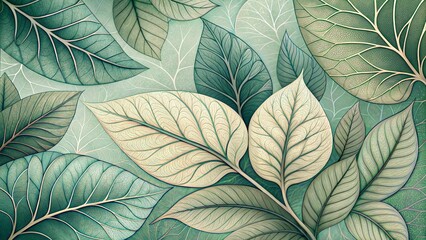 Botanical illustration of green leaves with textured details