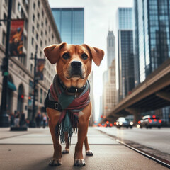  Urban Dog Vibes
: "A dog exploring the city streets with a stylish scarf. Urban atmosphere with buildings and traffic in the background."