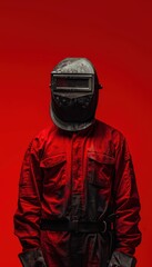 Portrait of a Welder in Protective Gear Against a Bold Red Background