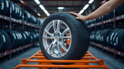 Fototapeta premium A person inspecting a new tire in a tire shop during daylight hours, surrounded by shelves filled with various tire types