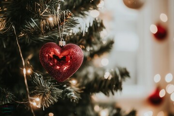 Sparkling red heart ornament on festive Christmas tree