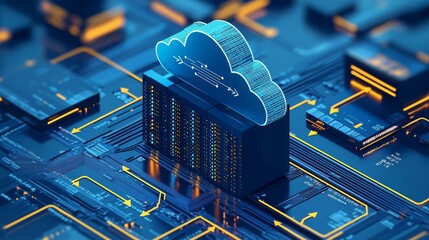 Network Engineer Cloud Server VM Simplified cloud server hosting VM with arrows showing data flow, no face, no body, flat design illustration