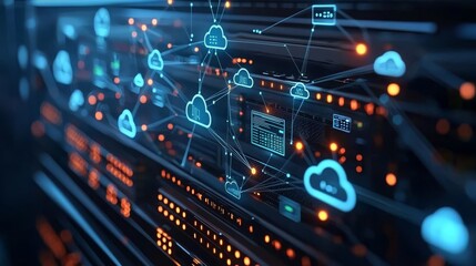 Fototapeta premium Network Engineer Cloud Server VM Abstract illustration of interconnected cloud icons and virtual machine nodes, emphasizing cloud computing networks