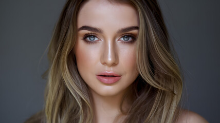 Fototapeta premium Portrait of a woman with long hair and striking blue eyes, showcasing natural beauty in an indoor setting during the daytime