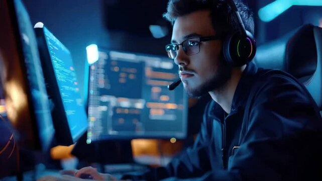 Male call center employee wearing headset and working on computer doing customer service. - Powered by Adobe