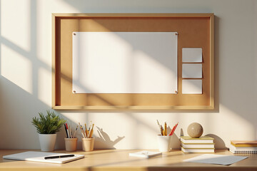 Workspace with cork bulletin board and reusable stationery items