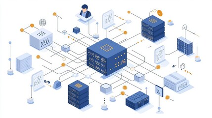 Obraz premium Network Engineer Cloud Server VM Cloud VM diagram with network and storage connections, no face, no body, flat design illustration