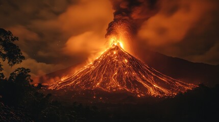 Volcanic Eruption at Night with Fiery Lava Flow