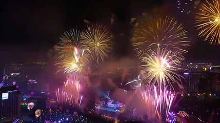 Obraz premium Colorful fireworks light up the night sky with Happy New Years Eve message shining bright
