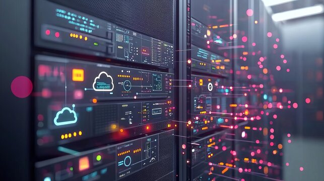 Network Engineer Cloud Server VM Data center racks overlaid with a virtual machine interface and cloud icons, blending physical and digital