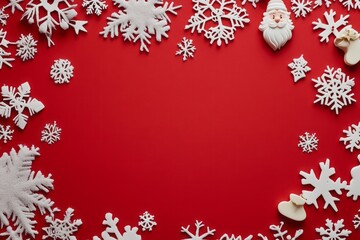 White Snowflakes and Santa Claus Head on a Red Background