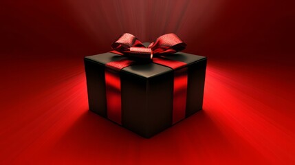 3d rendered black giftbox with ribbon against red background