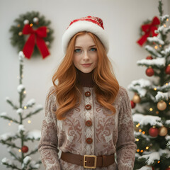 Una encantadora pelirroja con un vestido inspirado en la Navidad.
