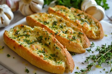 Slices of garlic bread with melted cheese and herbs, creating a mouthwatering appetizer or snack