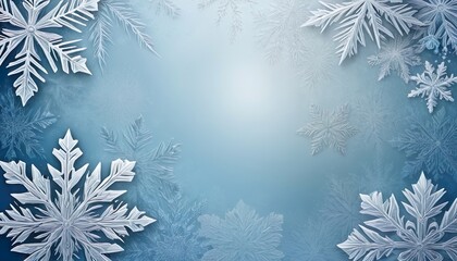 Snowflakes of different sizes and shapes creating a winter frame on a light blue background with a brighter central area. Christmas template.