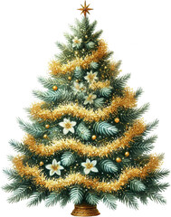 A beautifully decorated Christmas tree adorned with golden tinsel and white flowers, topped with a star, embodying the festive spirit.
