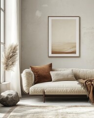 Modern Scandinavian Living Room Interior with Beige Poster Frame and Natural Decor