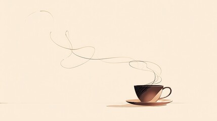 Steaming cup of coffee creating swirling aromatic smoke on table