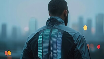 Futuristic smart clothing with advanced body temperature regulation worn by individual in urban setting showcasing innovative wearable health technology for continuous wellness monitoring