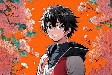 Enchanting Manga Character with Bright Orange Background - Japanese Anime Illustration