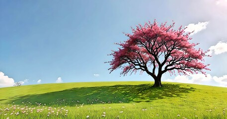 Obraz premium A Scenic Hill with a Sakura Tree and Falling Petals on a Clear Day