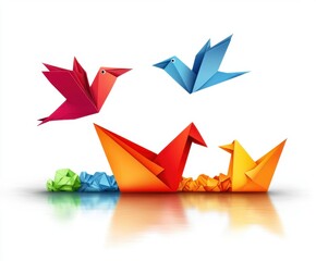 A simple vector logo of three origami birds in bright colors flying towards the viewer.
